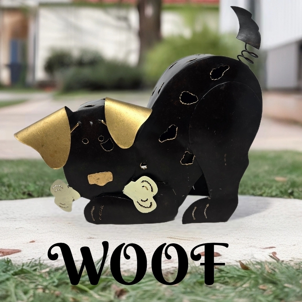Metal Art Work A Puppy With A Bone Black Cut Out Spots Decor- Candle Holder